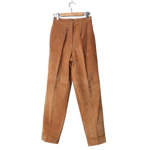 Vintage Bagatelle Tan Suede Pants Straight Leg Trousers Creased Pleated Zip Fly - Picture 2 of 10